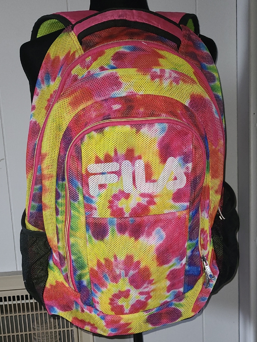 FILA Rainbow Tie-Dye Backpack in Bright Pink, Yellow, Green, White & Blue Mesh